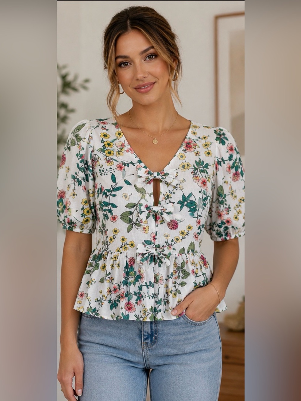 512 Nautica Jeans Floral Cotton Puff Sleeve Peplum Blouse Tie Front Small